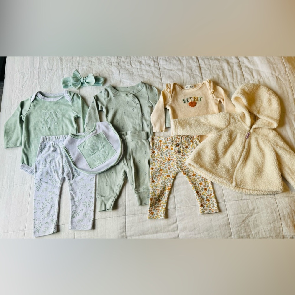 Baby Girl 9 piece set 3-6 Bundle Clothing Sets Lot Fuzzy Jacket Biege Sage Green